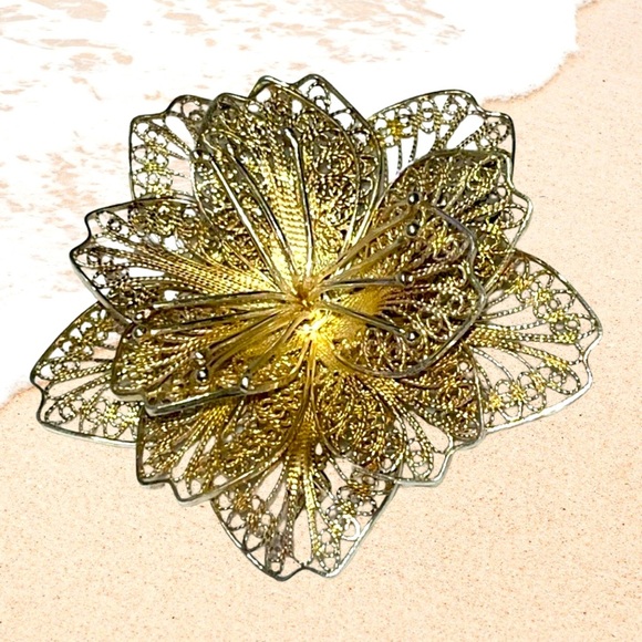 Jewelry - Vintage Elegant Sterling Silver Filigree Flower Brooch, engraved by designer